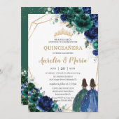 Quinceañera Emerald Green Royal Blue Floral Twins Einladung (Vorne/Hinten)