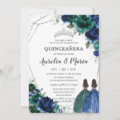 Quinceañera Emerald Green Royal Blue Floral Twins Einladung (Vorderseite)