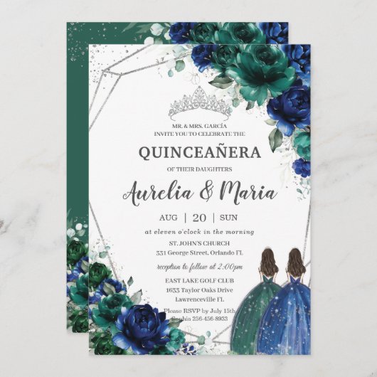Quinceañera Emerald Green Royal Blue Floral Twins Einladung (Vorne/Hinten)