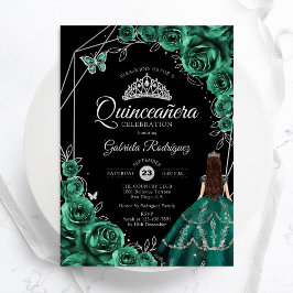 Quinceanera Emerald Green Silver Dress Floral Einladung