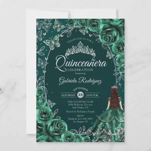 Quinceanera Emerald Green Silver Einladung (Vorderseite)