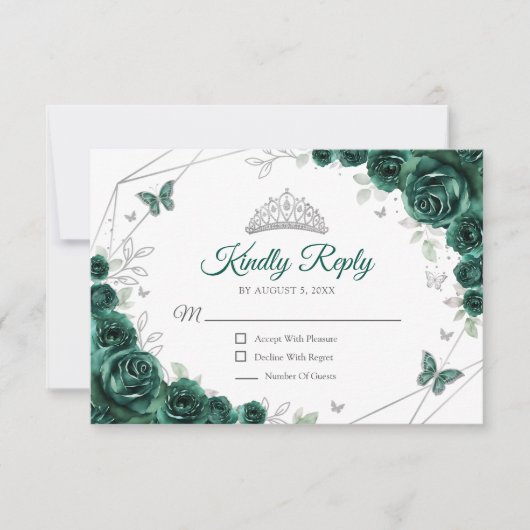 Quinceanera Emerald Green Silver Floral Reply RSVP Karte (Vorderseite)