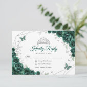 Quinceanera Emerald Green Silver Floral Reply RSVP Karte (Stehend Vorderseite)