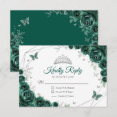 Quinceanera Emerald Green Silver Floral Reply RSVP Karte (Vorne/Hinten)