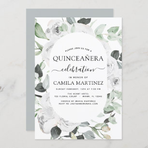 Quinceañera Eucalyptus Floral White Roses Einladung