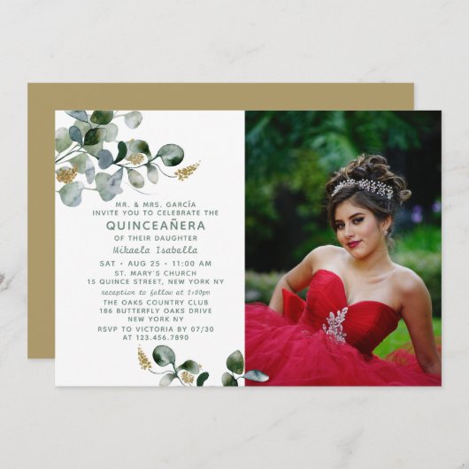 Quinceañera Eukalyptus Greenery Foto Einladung (Vorne/Hinten)