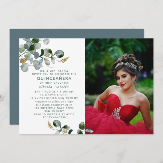 Quinceañera Eukalyptus Greenery Foto Einladung (Vorne/Hinten)