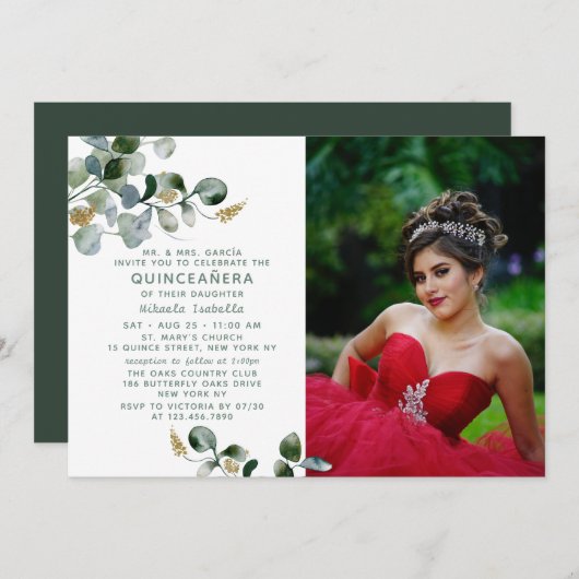 Quinceañera Eukalyptus Greenery Foto Einladung (Vorne/Hinten)