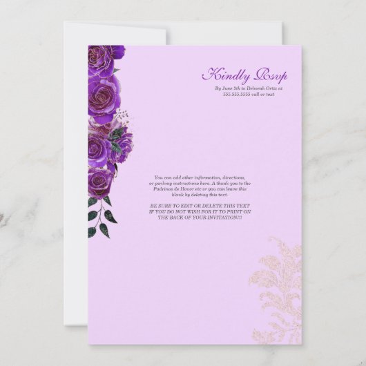 Quinceanera Extravagant Charro Lila Rose Western Einladung (Rückseite)