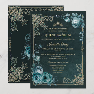 Quinceañera Farbe Smaragd und Gold Einladung