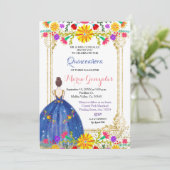 Quinceanera Farbige Blume Gold Einladung (Stehend Vorderseite)