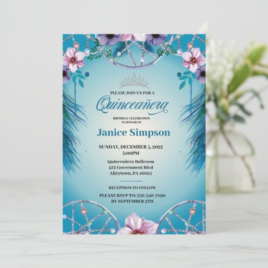 Quinceañera Feather Dream Catcher Einladung (Stehend Vorderseite)