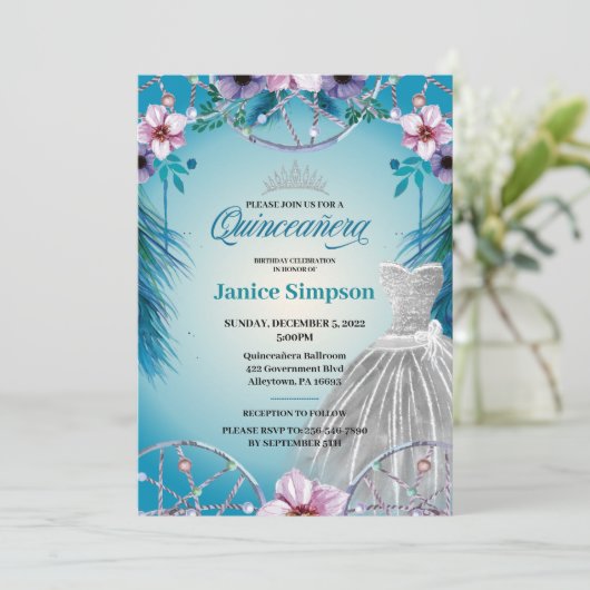 Quinceañera feather Dream fänger pink Inv Einladung (Stehend Vorderseite)