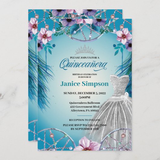 Quinceañera feather Dream fänger pink Inv Einladung (Vorne/Hinten)