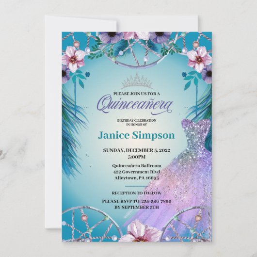 Quinceañera feather Dream fänger pink Inv Einladung (Vorderseite)