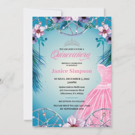 Quinceañera feather Dream fänger pink Inv Einladung (Vorderseite)