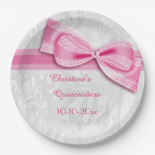 Quinceañera Feier-Rosa-Damast und Imitat-Bogen Pappteller