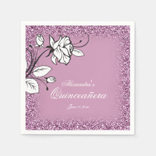 Quinceañera-Feier Weiße Rosen Lila Glitter Serviette