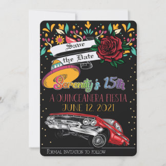 Quinceanera fiesta floral w/ lowrider & rote Rose Einladung
