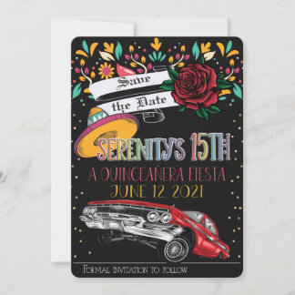 Quinceanera fiesta floral w/ lowrider & rote Rose Einladung