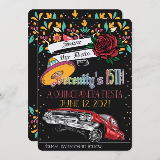 Quinceanera fiesta floral w/ lowrider & rote Rose Einladung (Vorne/Hinten)