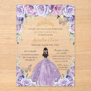 Quinceañera Flieder Lila Blumen Gold Schmetterling Acryleinladungen