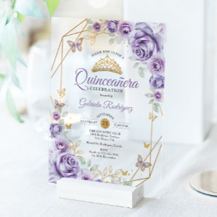 Quinceanera Flieder Purpur Blumen Acryleinladungen