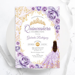 Quinceanera Flieder Purpur Gold Blumen Einladung