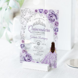 Quinceanera Flieder Purpur Silber Blumen Acryleinladungen