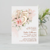 Quinceanera Floral 15. Geburtstag Rose Gold Folieneinladung (Stehend vorne)
