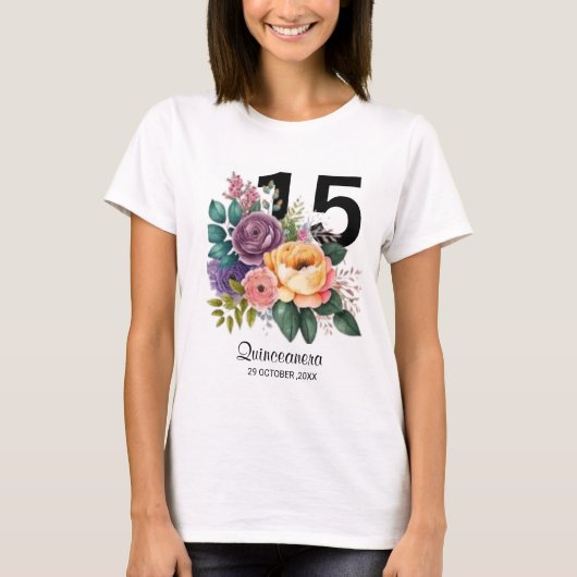 Quinceanera Floral 15. Geburtstag T - Shirt (Vorderseite)