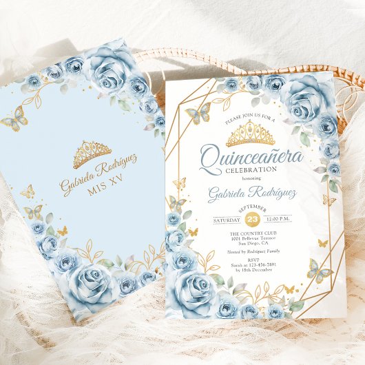 Quinceanera Floral Baby Blue Gold Einladung