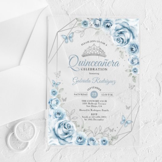 Quinceanera Floral Baby Blue Silver Acryleinladungen