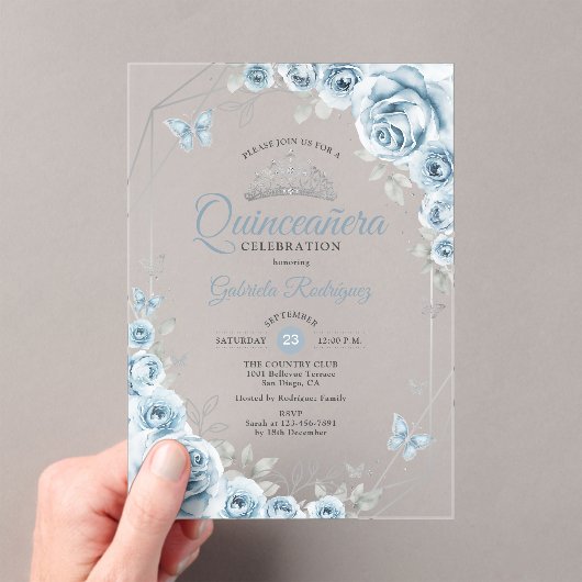 Quinceanera Floral Baby Blue Silver Acryleinladungen (Insitu (Handheld))