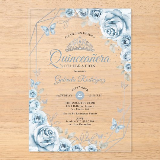Quinceanera Floral Baby Blue Silver Acryleinladungen (Vorderseite)