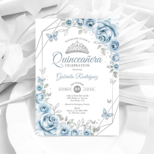 Quinceanera Floral Baby Blue Silver Einladung