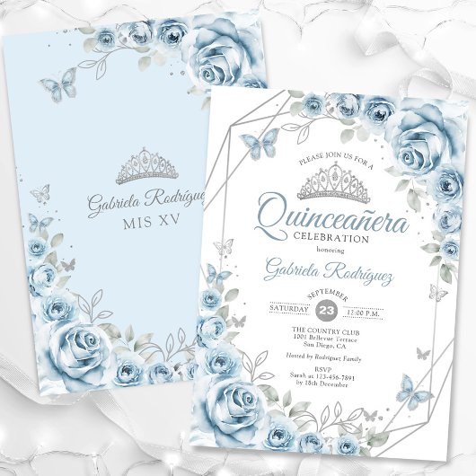 Quinceanera Floral Baby Blue Silver Einladung