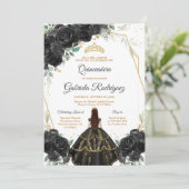 Quinceanera Floral Black Gold Invitation Einladung (Stehend Vorderseite)
