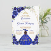 Quinceanera Floral Blue Gold Invitation Einladung (Stehend Vorderseite)