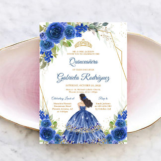 Quinceanera Floral Blue Gold Invitation Einladung