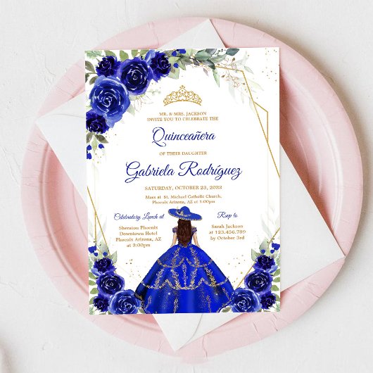 Quinceanera Floral Blue Gold Invitation Einladung