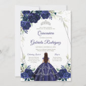 Quinceanera Floral Blue Silver Invitation Einladung (Vorderseite)