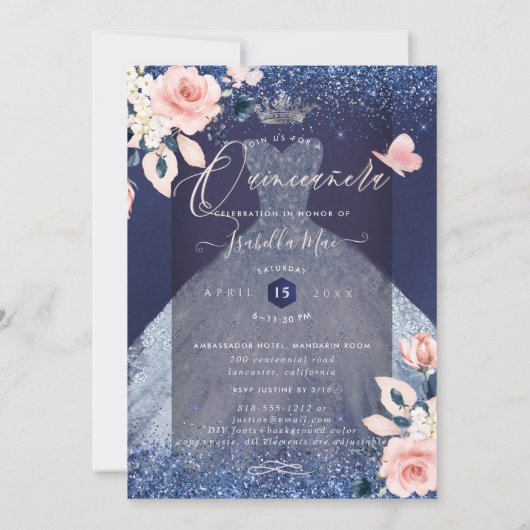 Quinceanera Floral Dusty Blue Glitzer Gown Einladung (Rückseite)