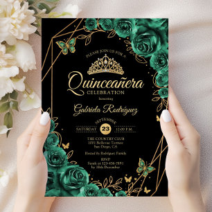 Quinceanera Floral Emerald Green Gold Black Einladung