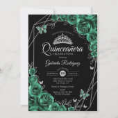Quinceanera Floral Emerald Green Silver Black Einladung (Vorderseite)