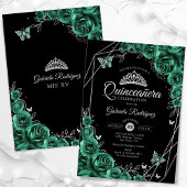 Quinceanera Floral Emerald Green Silver Black Einladung