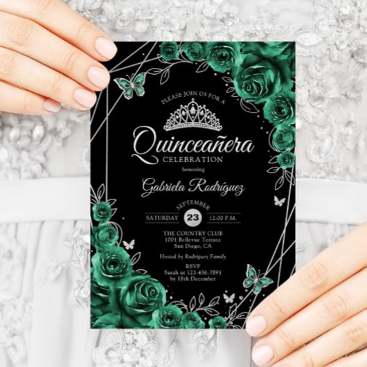 Quinceanera Floral Emerald Green Silver Black Einladung