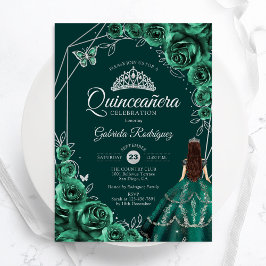 Quinceanera Floral Emerald Green Silver Dress Einladung