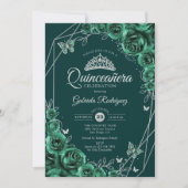Quinceanera Floral Emerald Green Silver Einladung (Vorderseite)
