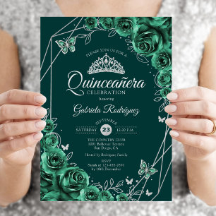 Quinceanera Floral Emerald Green Silver Einladung